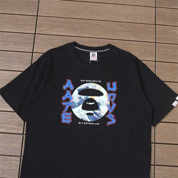 AAPE Monkey Head Wave Print Logo T-Shirt - Black Short Sleeve - Picture 6 of 13